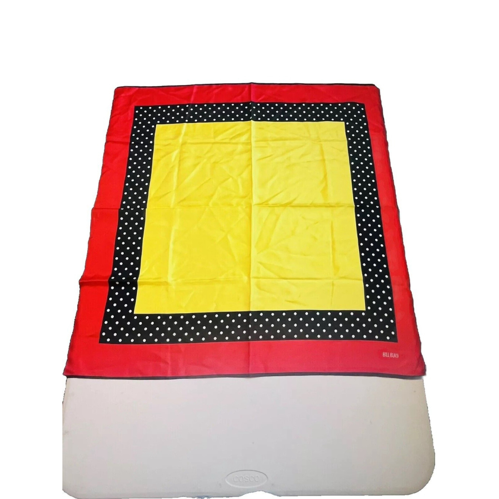 BILL BLASS VINTAGE SILK SCARF, Polka Dot Black Red,Yellow.80’s 30” X 30”